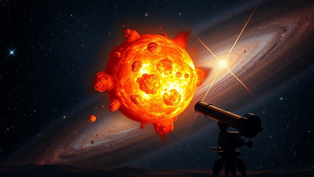 An illustration of a massive star exploding in a distant galaxy, with a telescope in the foreground, symbolizing the discovery of cosmic explosions.