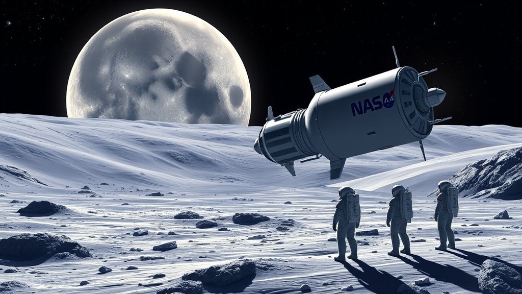 An illustration of the NASA Artemis II spacecraft approaching the Moon, with astronauts in spacesuits standing on the lunar surface in the background.