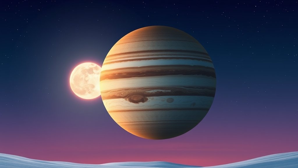 A detailed illustration of the planet Jupiter in opposition, with a bright moon and stars in the background, set against a dark blue sky with a subtle gradient of purple and pink hues, symbolizing the night sky on a clear winter evening.