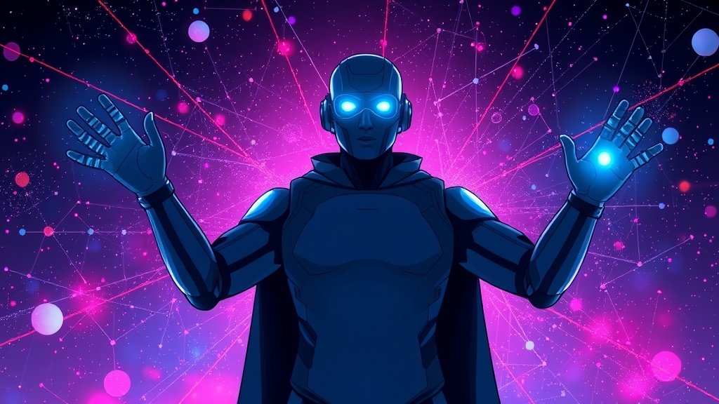 A futuristic illustration of a person with artificial intelligence-enhanced limbs and a quantum physics-inspired background, symbolizing the concept of "superhumans" in the context of Indian defence review.