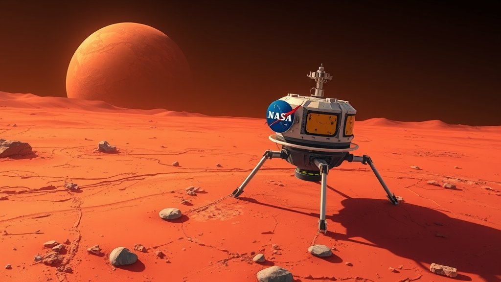 An illustration of a NASA spacecraft collecting samples from the surface of Mars, with the planet's reddish landscape in the background.