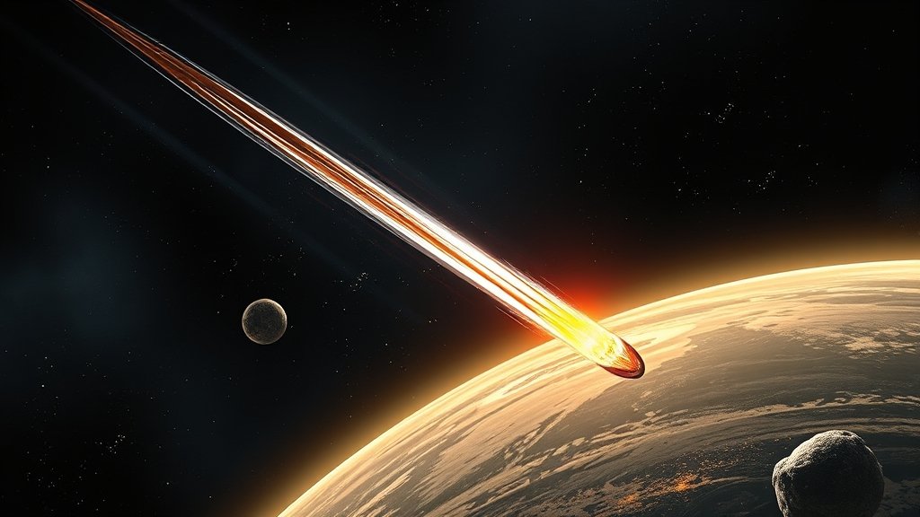 A detailed illustration of the 3I/ATLAS comet passing through our solar system, with a subtle hint of mystery and intrigue in the background.