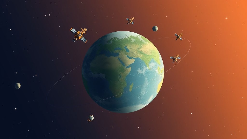 An illustration of the Earth and the Moon with several spacecrafts and satellites orbiting around them, with a subtle background of stars and galaxies.