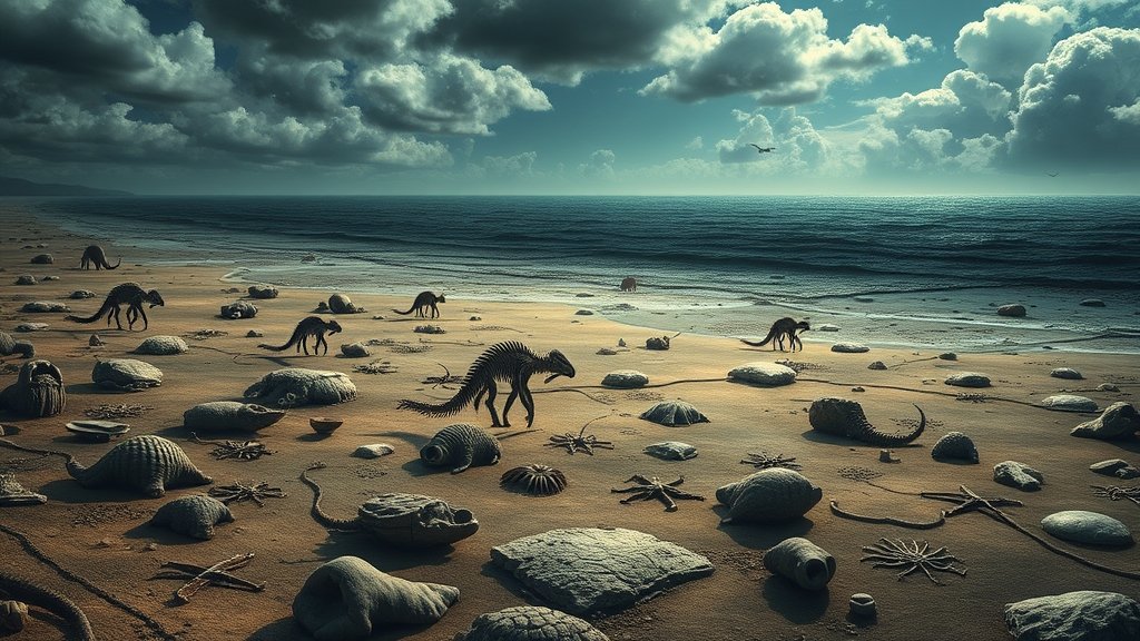 A dramatic illustration of a barren, lifeless ocean landscape with fossils of ancient sea creatures in the foreground, and a few early vertebrates emerging in the distance, symbolizing the catastrophic event that changed the course of evolution.