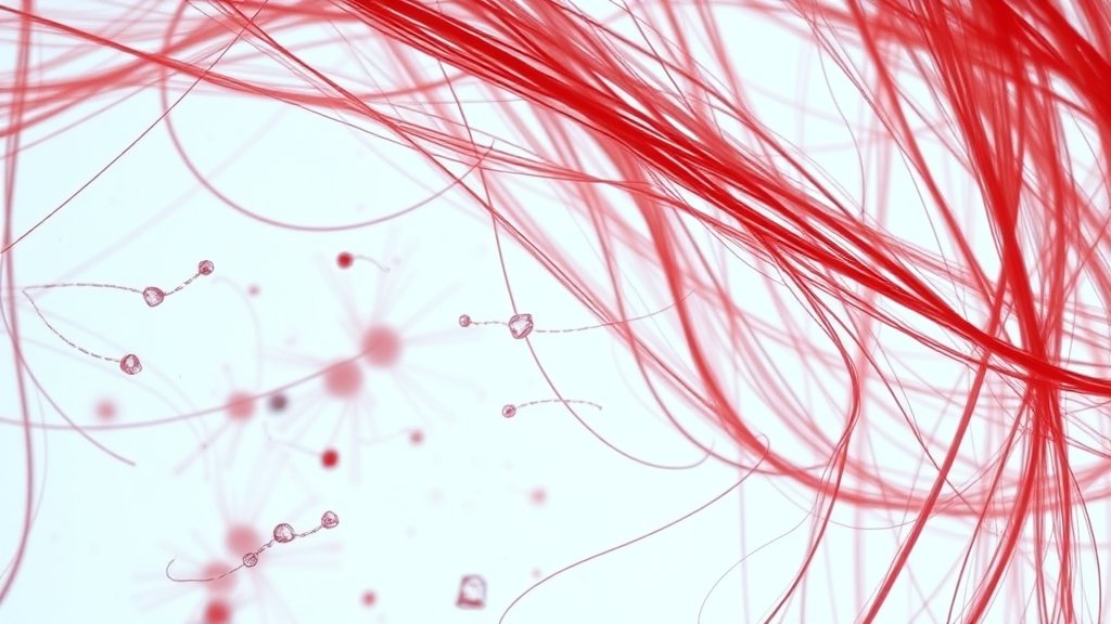 A microscopic image of the pigment responsible for red hair, with a subtle background of red hair strands and a hint of scientific equipment.
