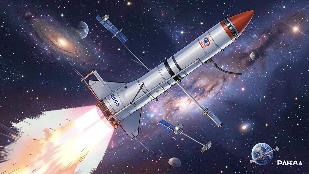 An illustration of the SpaceX rocket launching the NASA Pandora exoplanet mission and other satellites into space, with a background of stars and galaxies.