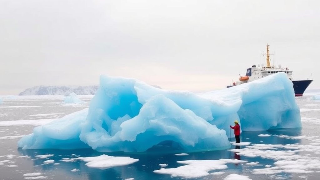 A vivid blue iceberg in the midst of melting, with a research vessel in the background and scientists collecting samples.
