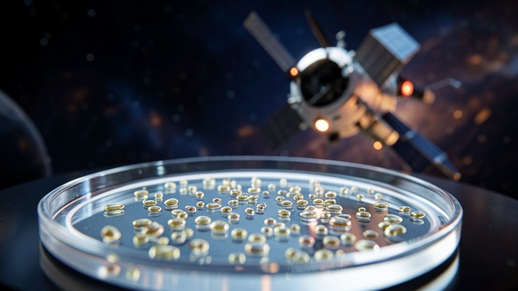 A microscopic view of bacteria on a petri dish with a NASA spacecraft in the background