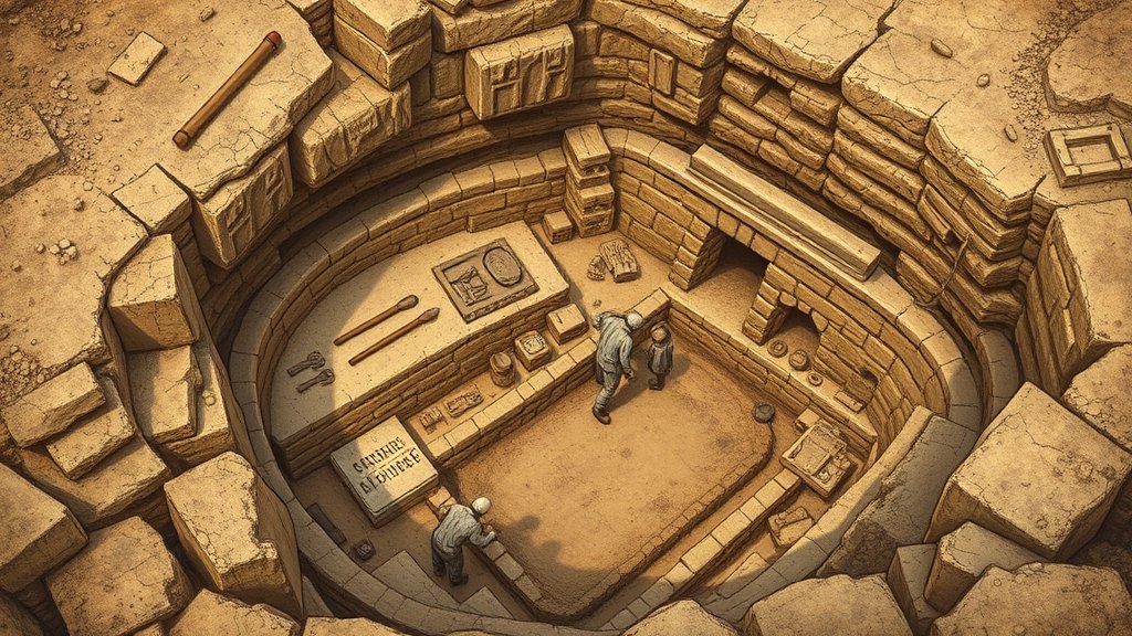 A detailed image of an ancient tomb discovered in Turkey, with archaeologists excavating the site and uncovering relics and artifacts