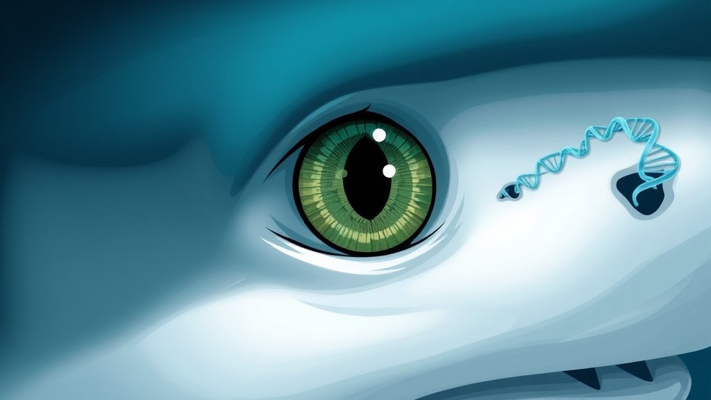 A detailed illustration of a Greenland shark's eye with a DNA double helix in the background, highlighting the connection between the shark's DNA and its exceptional vision.