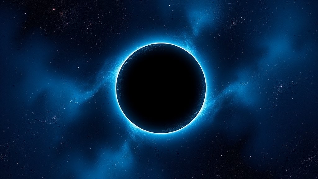 A detailed illustration of a dark star in the early universe, with a blue and purple background representing the vastness of space, and a few stars and galaxies in the distance.