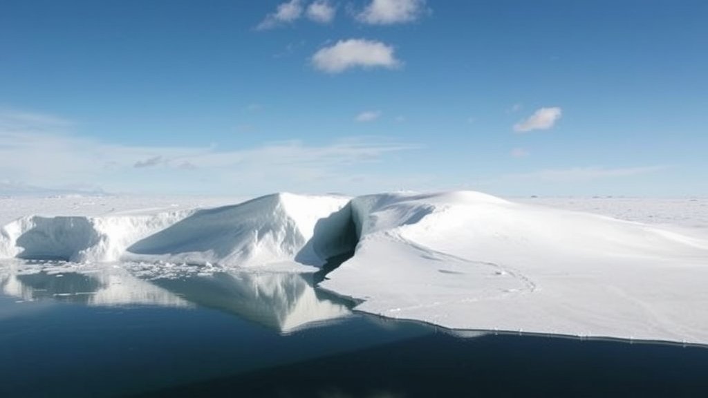 A dramatic image of Antarctica's ice sheet with a massive crack or break, surrounded by calm and serene waters, with a few research stations in the distance, under a clear blue sky with a few clouds.