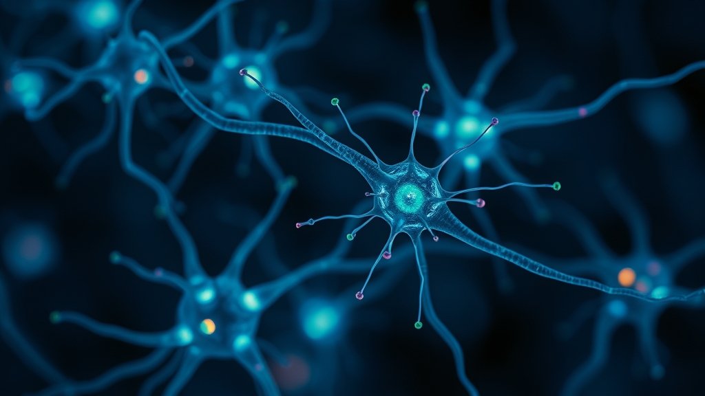 A microscopic image of neurons with glowing bioluminescent markers, illustrating the concept of watching live neural activity for hours.