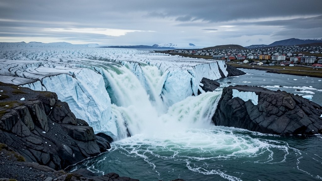 A dramatic image of a glacier cracking open in Greenland, with a massive flood of water flowing out, and a city or town in the background, highlighting the potential danger of such an event.