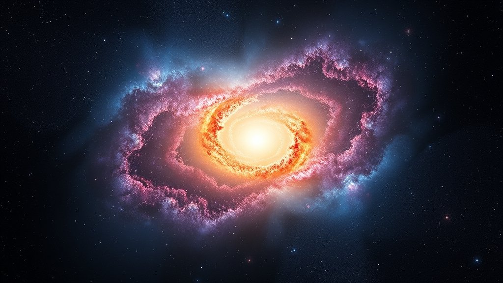 An artist's impression of a platypus galaxy in the early universe, with vibrant colors and swirling gas, observed through the lens of the NASA Webb Telescope