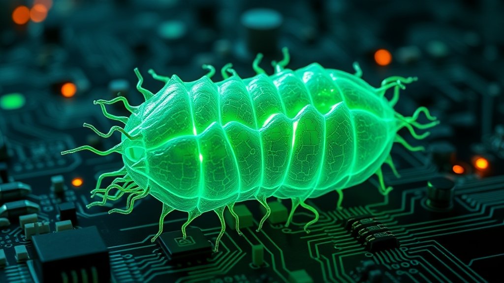 A microscopic image of a bacterial shell protein with a green glow, surrounded by electronic components and circuits, representing the potential of bio-based semiconductors in green electronics.
