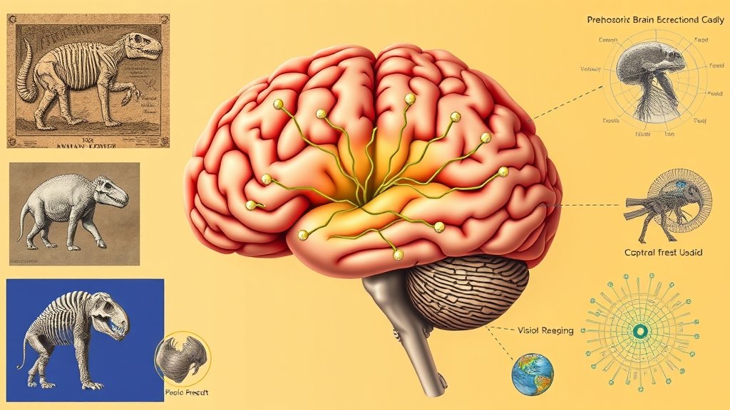 An illustration of the human brain with a highlighted prehistoric brain circuit, surrounded by images of ancient fossils and modern technological advancements in vision research.