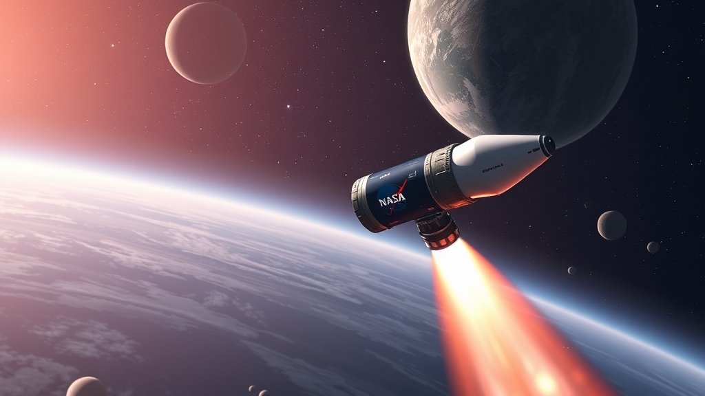 A realistic illustration of the SpaceX launch vehicle carrying NASA's Pandora satellite into space, with a backdrop of stars and planets.