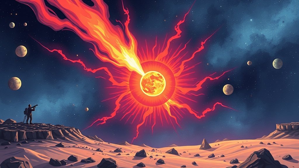 A colorful illustration of a dead star surrounded by a glowing shock wave, with astronomers in the background looking puzzled and intrigued.