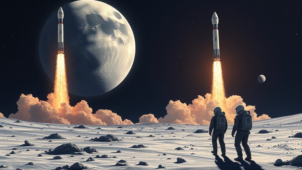 A detailed illustration of the NASA Artemis rocket launching from Earth, with the Moon in the background, and astronauts in their spacesuits walking on the lunar surface.