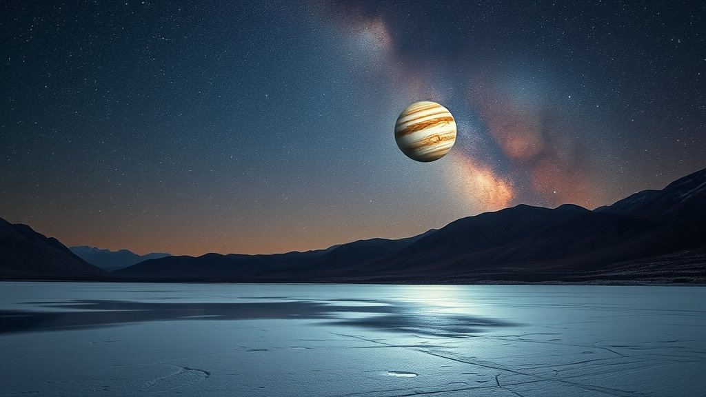 A stunning image of Jupiter in opposition over a frozen lake in Ladakh, with the Milky Way visible in the night sky