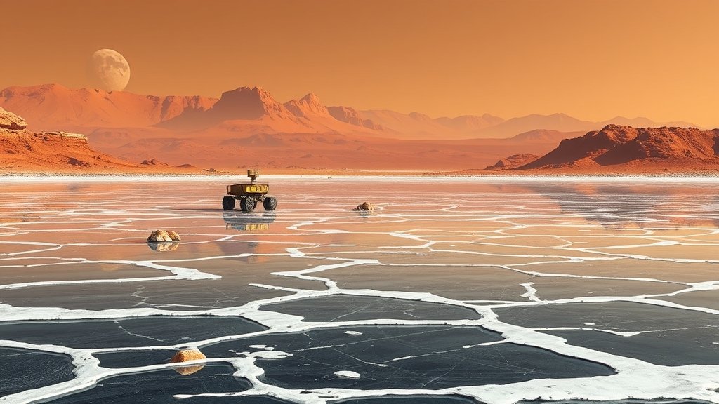 A futuristic illustration of a Martian lake beneath a thin layer of ice, with a rover in the distance and the planet's rust-red landscape in the background
