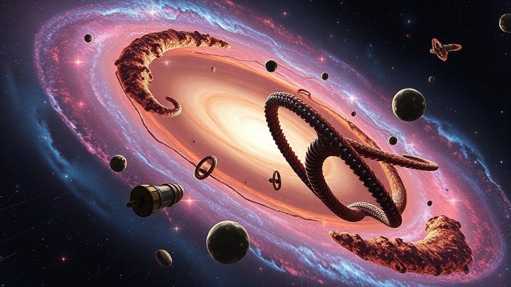 An illustration of a distant galaxy with unusual architecture, observed through the lens of the James Webb Space Telescope, with vibrant colors and intricate details.