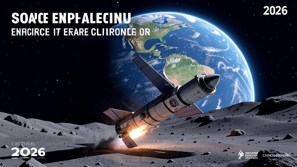 An illustration of a spacecraft landing on the Moon with a backdrop of the Earth, highlighting the significance of space exploration in 2026