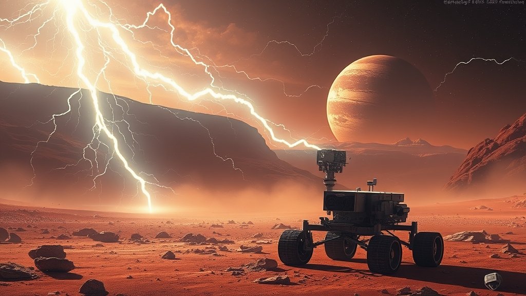 A futuristic illustration of Mars with lightning and electric sparks in the dust devil storms, with a NASA rover in the background