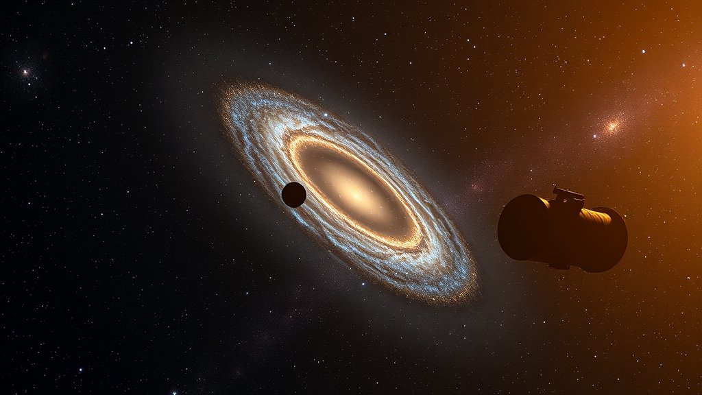 An artistic representation of the Hubble Space Telescope observing a dark and rare "failed galaxy" in the vastness of space, with stars and galaxies in the background.