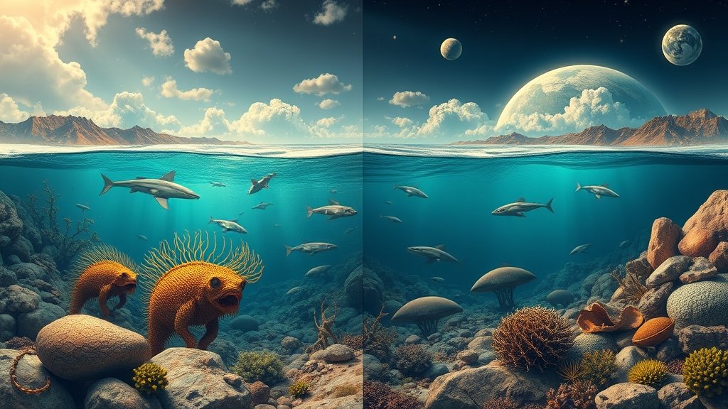 An illustration of ancient marine life before and after a mass extinction event, with a backdrop of a changing Earth landscape