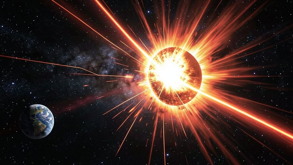 A dramatic illustration of a gamma-ray burst at the edge of the universe, with a massive star exploding and sending out a powerful signal that travels through space and time, reaching Earth after 13 billion years.