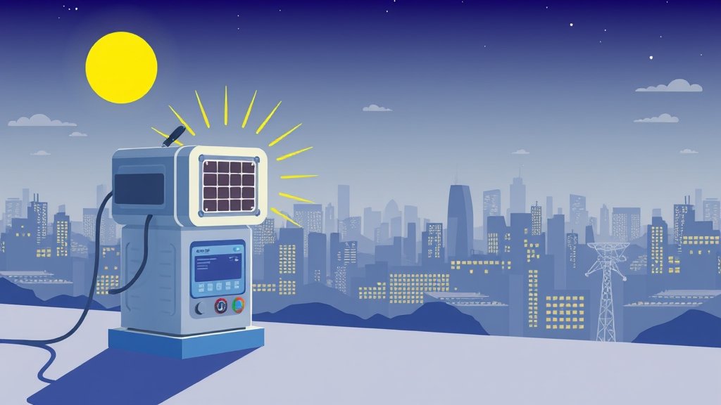 An illustration of a device harnessing energy from sunlight and converting it into usable power, with a cityscape in the background.