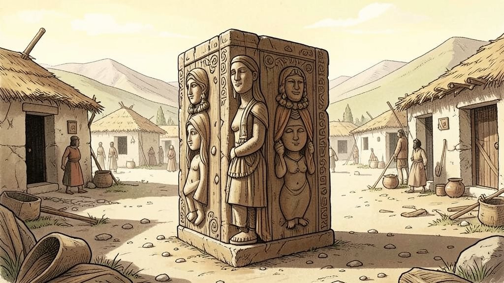 A detailed illustration of the Tumba Madzari Great Mother figurine, showcasing its boxy design and intricate details, set against a backdrop of a Stone Age settlement in North Macedonia.