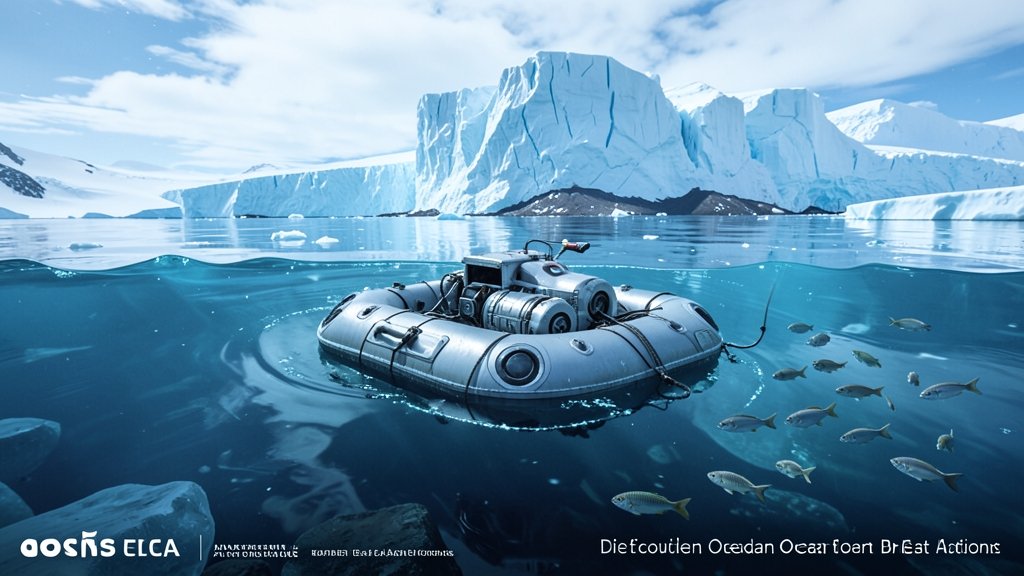 A robotic float submerged in icy waters, with a glacier in the background and a school of fish swimming nearby, symbolizing the discovery of hidden ocean conditions beneath East Antarctic ice shelves.