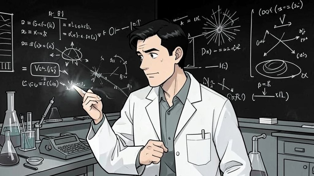 An illustration of a physicist looking at a mysterious particle in a laboratory, with equations and diagrams on a blackboard in the background