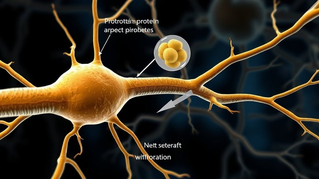 A detailed illustration of a motor neuron with axons, highlighting the process of protein production and its restoration.