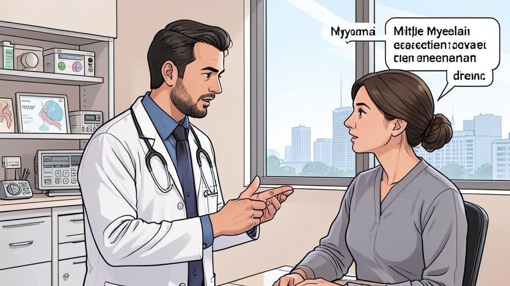 A detailed illustration of a doctor explaining multiple myeloma diagnosis and treatment options to a patient, with a subtle background of medical equipment and a cityscape outside the window.