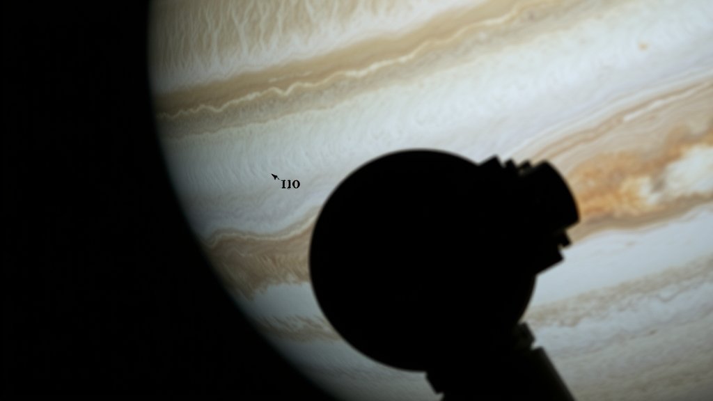 A high-resolution image of the Io transit in front of Jupiter, with the planet's Great Red Spot visible in the background, taken through a telescope on a clear night sky.