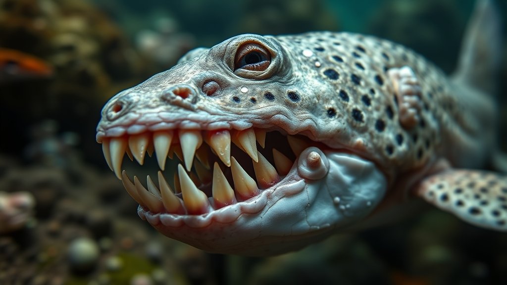 A microscopic image of wolffish teeth showing the rare material that shrinks when squeezed, with a background of a wolffish in its natural habitat
