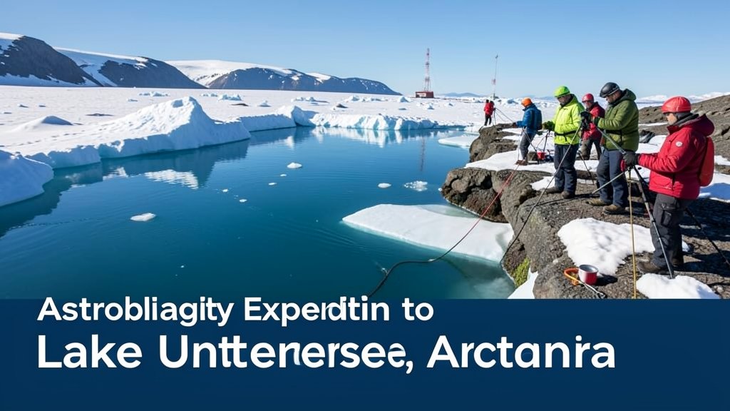 A photo of the Lake Untersee in Antarctica with a team of scientists conducting research in the background, with a caption "Astrobiology Expedition to Lake Untersee, Antarctica"