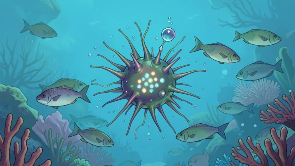 An illustration of a bacterium in the ocean with a carbon molecule, surrounded by a school of fish, with a subtle background of a coral reef.