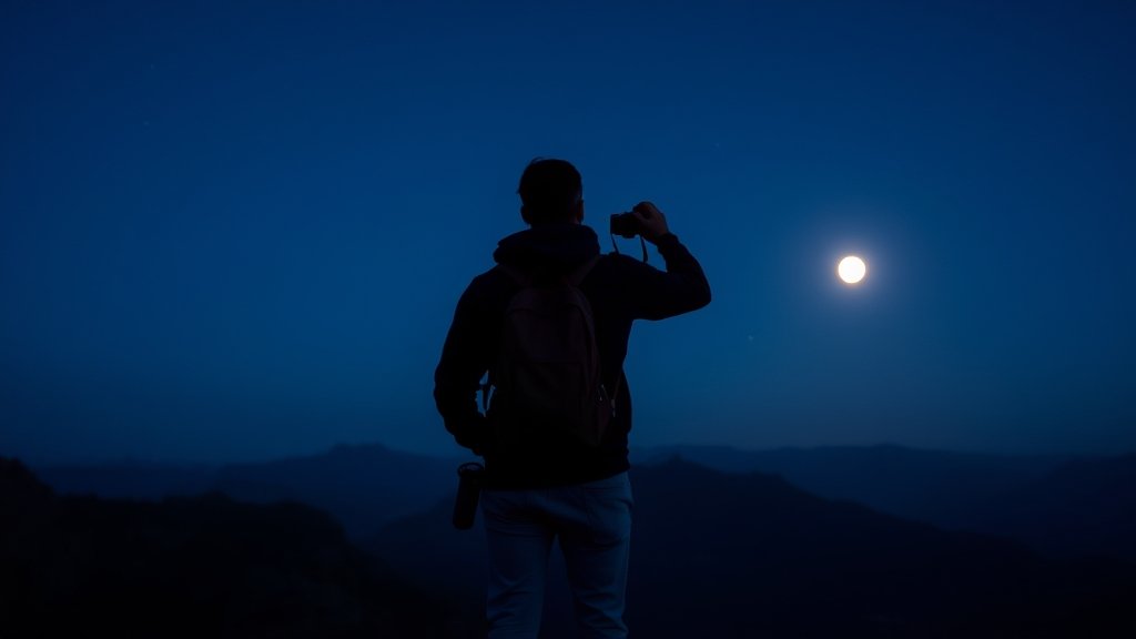 A photographer standing on a mountain, looking up at the night sky with a camera in hand, with a faint image of the moon and a UFO in the background.