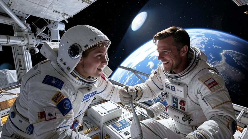 A detailed image of the International Space Station with a Russian cosmonaut and an American astronaut working together, with the Earth visible in the background.