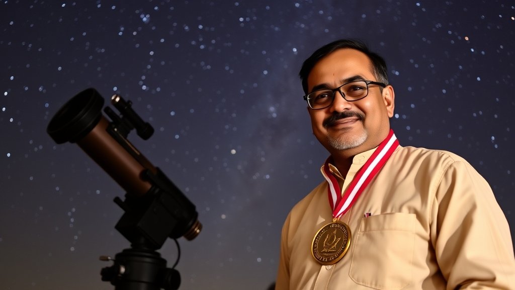 An Indian-origin astronomer standing in front of a telescope, with a starry night sky in the background, holding a Gold Medal award.