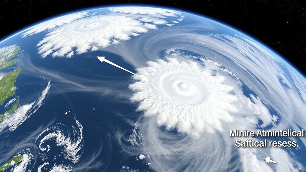 An illustration of a satellite observing marine cold-air outbreak clouds, with arrows indicating the complex interactions between atmospheric dynamics and microphysical processes.