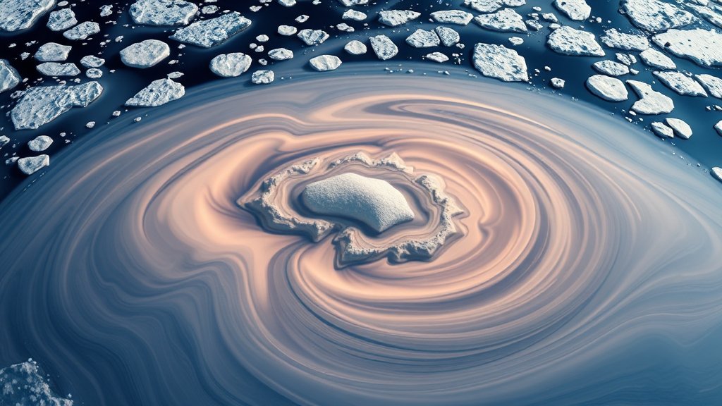 Generate an image of a point plume in a rotating unstratified fluid overlain by a stratified layer, with a background of icy satellites and a subtle texture of ocean currents.