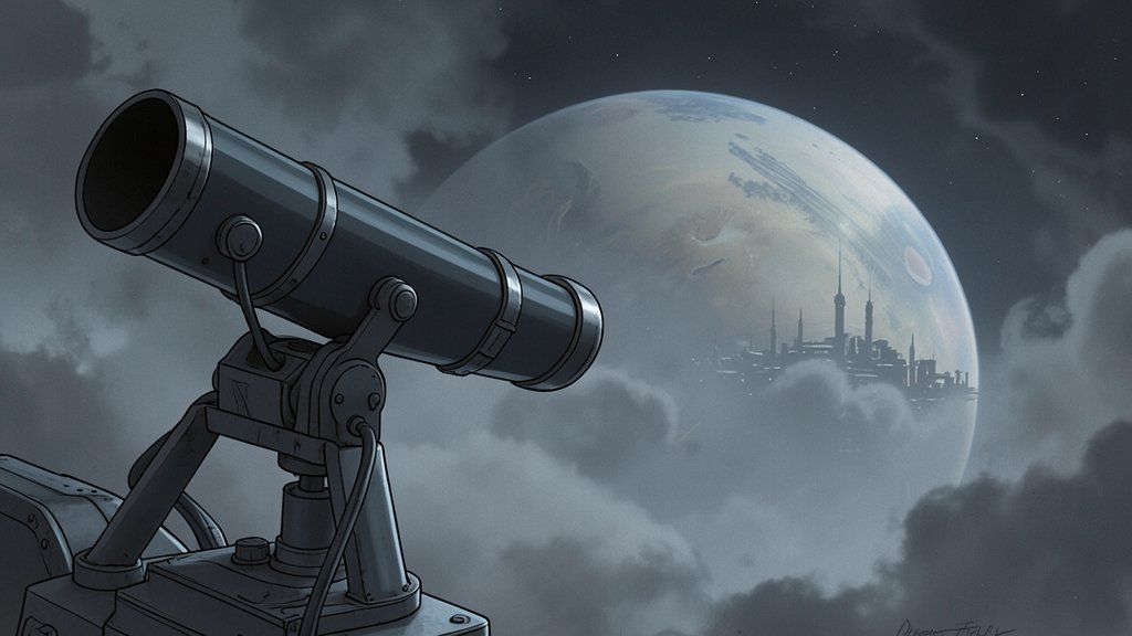 An illustration of a telescope observing a distant planet with a cloudy atmosphere, with a subtle hint of a potential alien cityscape in the background.