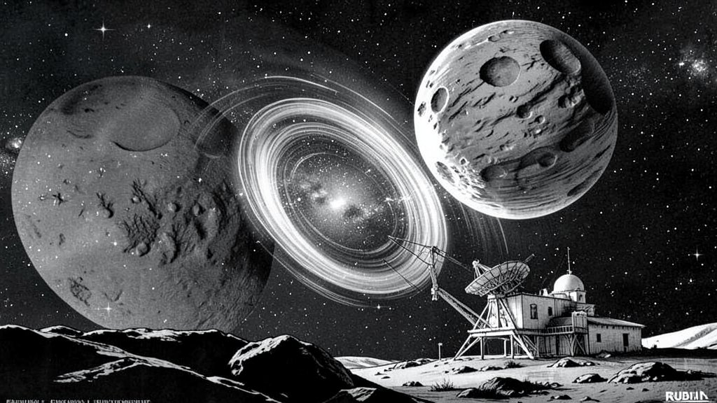 An illustration of the Rubin Observatory with a depiction of the fastest spinning asteroid in the background, showcasing its rapid rotation and movement through space.