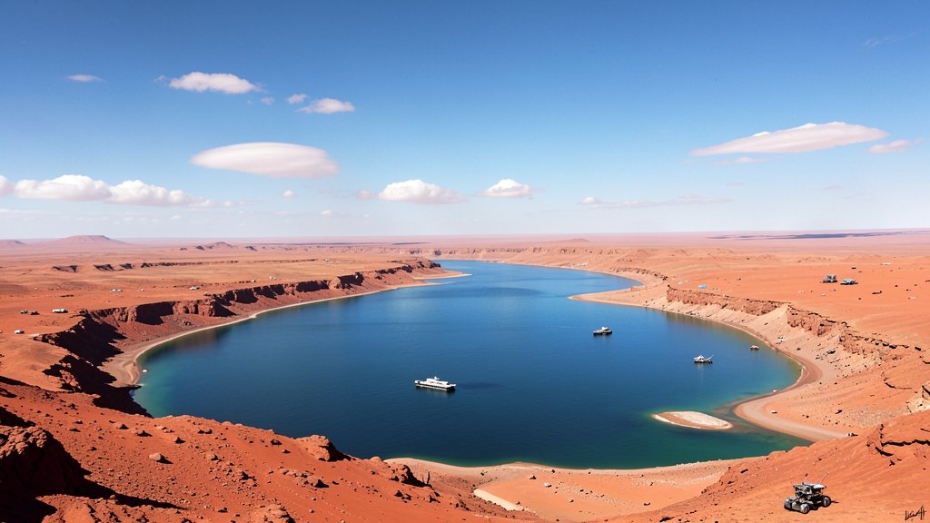 A realistic illustration of Mars with a large ocean and river deltas, with a few spacecraft and rovers in the background, under a bright blue sky with a few clouds.